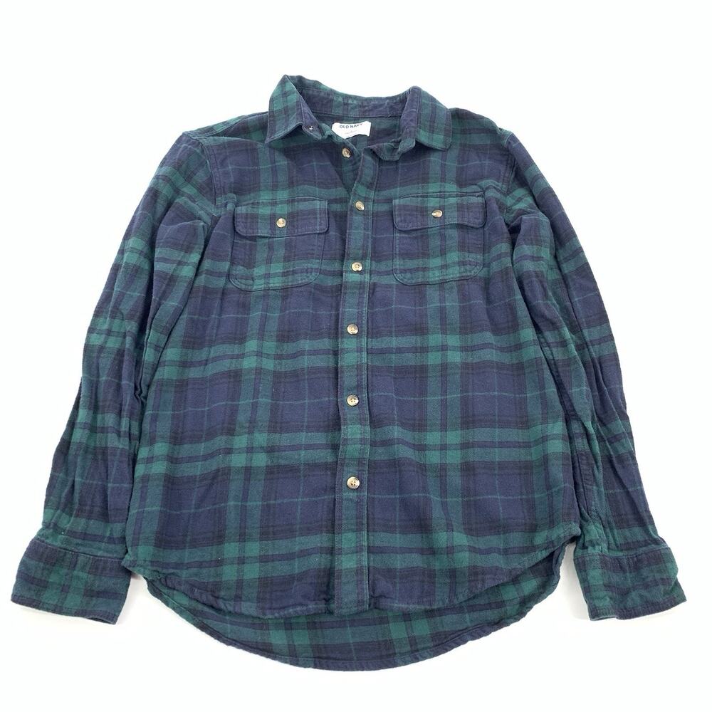 Old Navy Plaid Print Flannel Button Down Shirt Size Medium Womens Green Blue M